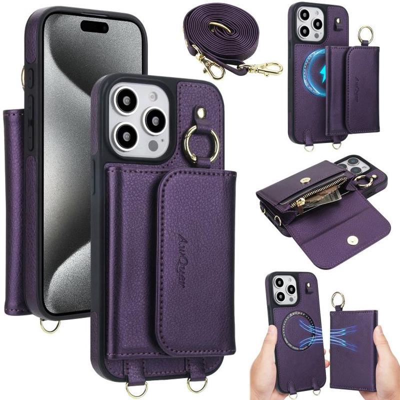 For iPhone 15 Pro AwQuer 2 in 1 Crossbody Wallet Leather Back Phone Case(Dark Purple)