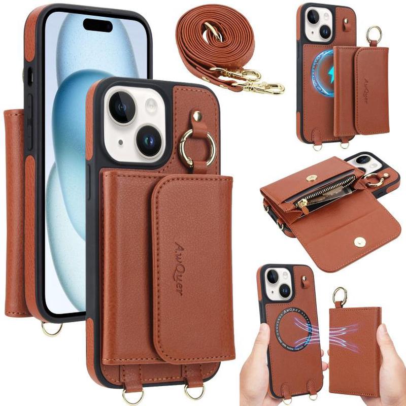 For iPhone 15 AwQuer 2 in 1 Crossbody Wallet Leather Back Phone Case(Brown)
