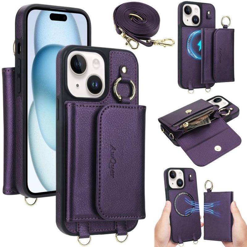 For iPhone 15 AwQuer 2 in 1 Crossbody Wallet Leather Back Phone Case(Dark Purple)