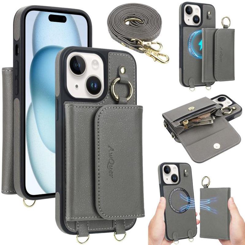 For iPhone 15 AwQuer 2 in 1 Crossbody Wallet Leather Back Phone Case(Grey)