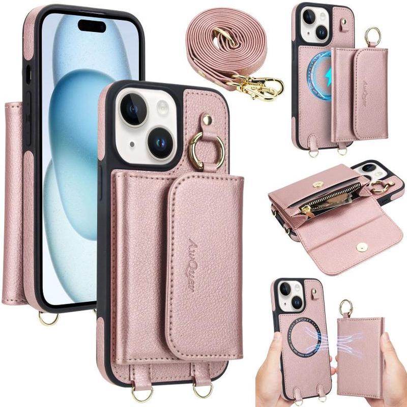 For iPhone 15 AwQuer 2 in 1 Crossbody Wallet Leather Back Phone Case(Rose Gold)
