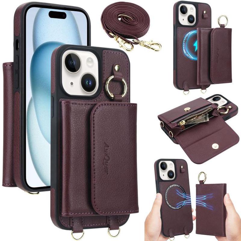 For iPhone 15 AwQuer 2 in 1 Crossbody Wallet Leather Back Phone Case(Wine Red)