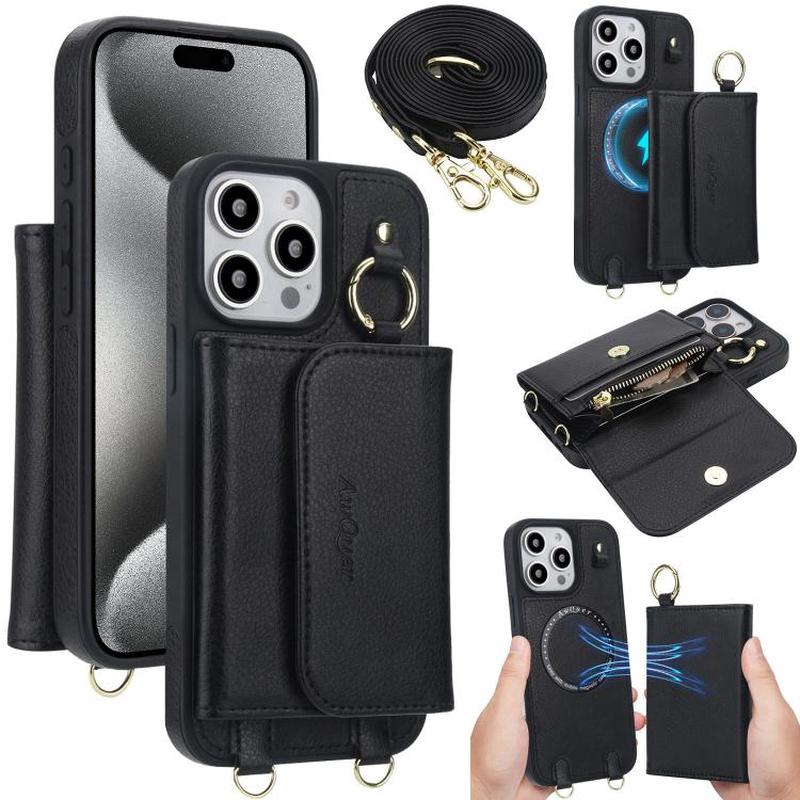 For iPhone 15 Pro AwQuer 2 in 1 Crossbody Wallet Leather Back Phone Case(Black)