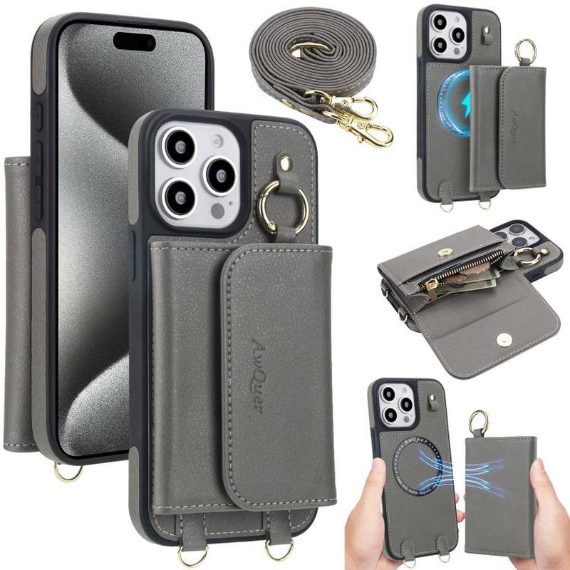 For iPhone 15 Pro AwQuer 2 in 1 Crossbody Wallet Leather Back Phone Case(Grey)