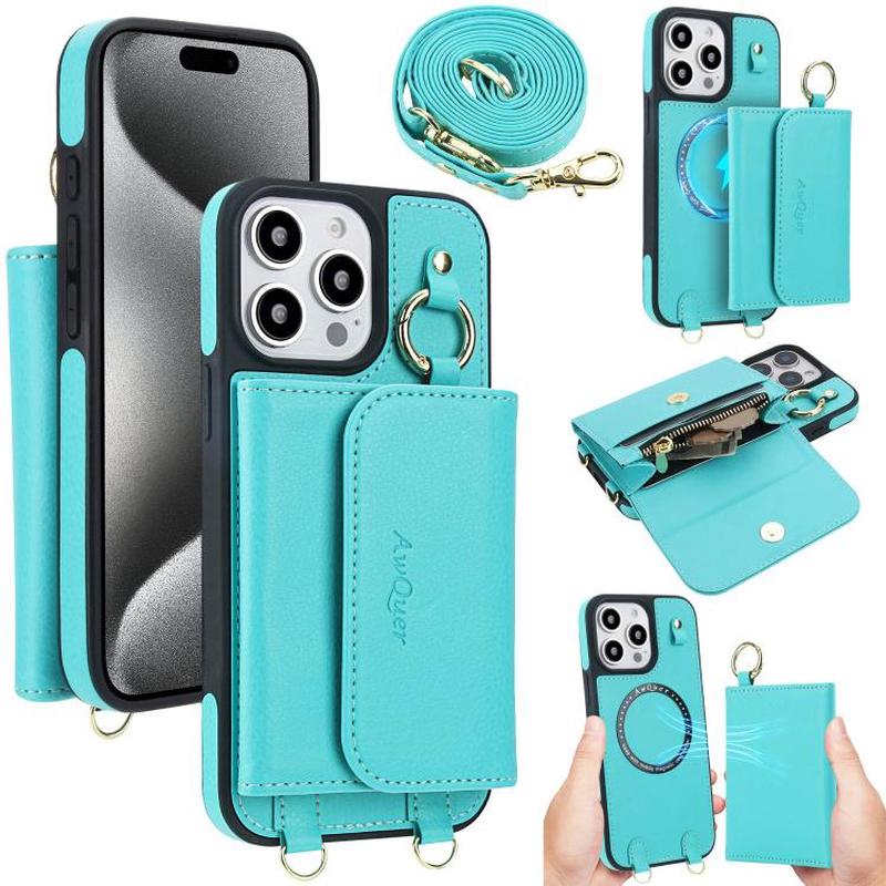For iPhone 15 Pro AwQuer 2 in 1 Crossbody Wallet Leather Back Phone Case(Light Green)