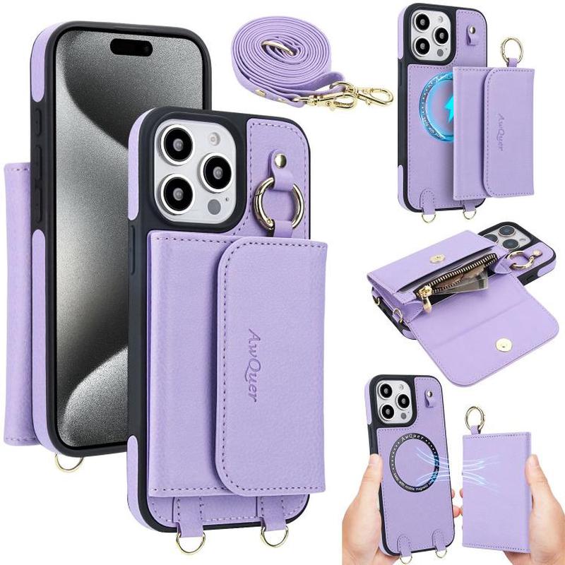 For iPhone 15 Pro AwQuer 2 in 1 Crossbody Wallet Leather Back Phone Case(Light Purple)