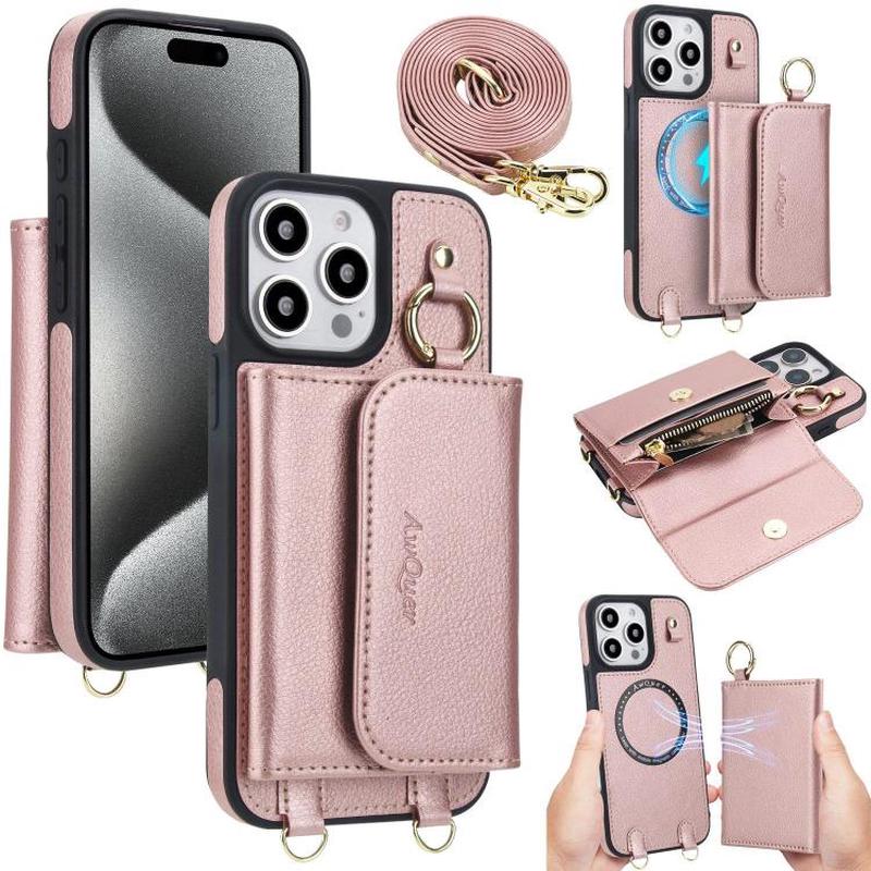 For iPhone 15 Pro AwQuer 2 in 1 Crossbody Wallet Leather Back Phone Case(Rose Gold)