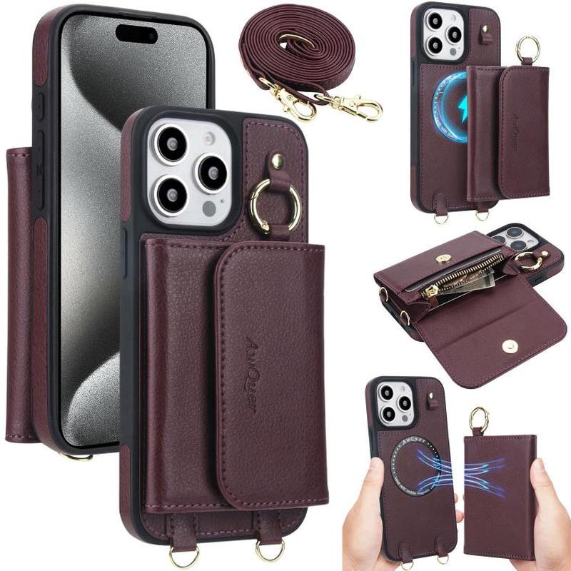 For iPhone 15 Pro AwQuer 2 in 1 Crossbody Wallet Leather Back Phone Case(Wine Red)