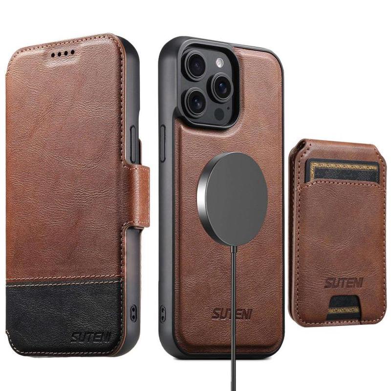 For iPhone 15 Pro Suteni Q06S2 3-in-1 Detachable Vertical Flip Wallet MagSafe Splicing Leather Phone Case(Brown)