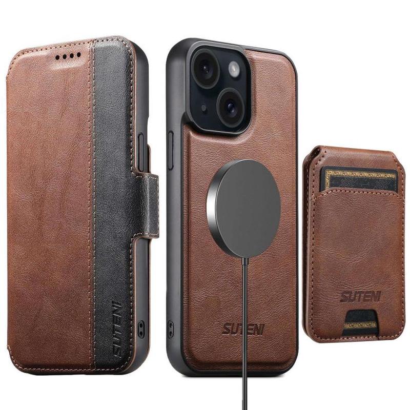 For iPhone 15 Suteni Q07S2 3-in-1 Detachable Vertical Flip Wallet MagSafe Splicing Leather Phone Case(Brown)