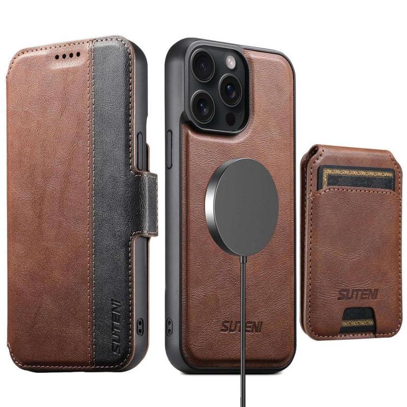 For iPhone 15 Pro Suteni Q07S2 3-in-1 Detachable Vertical Flip Wallet MagSafe Splicing Leather Phone Case(Brown)