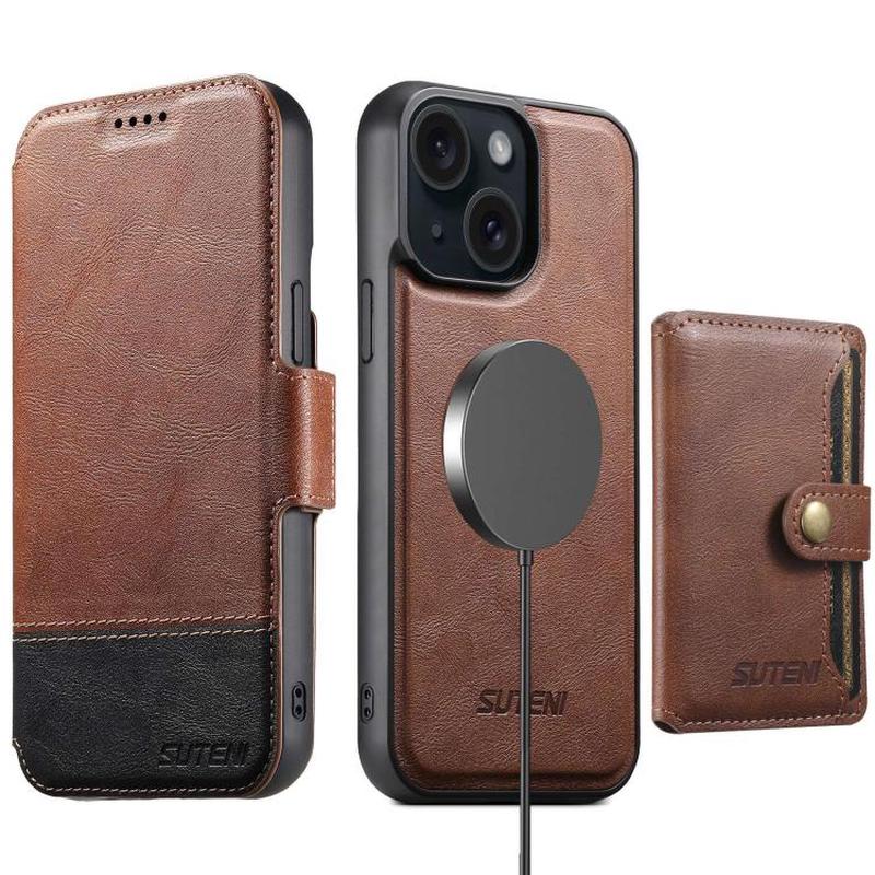 For iPhone 15 Suteni Q06S1 3-in-1 Splicing Detachable Wallet MagSafe Leather Phone Case(Brown)
