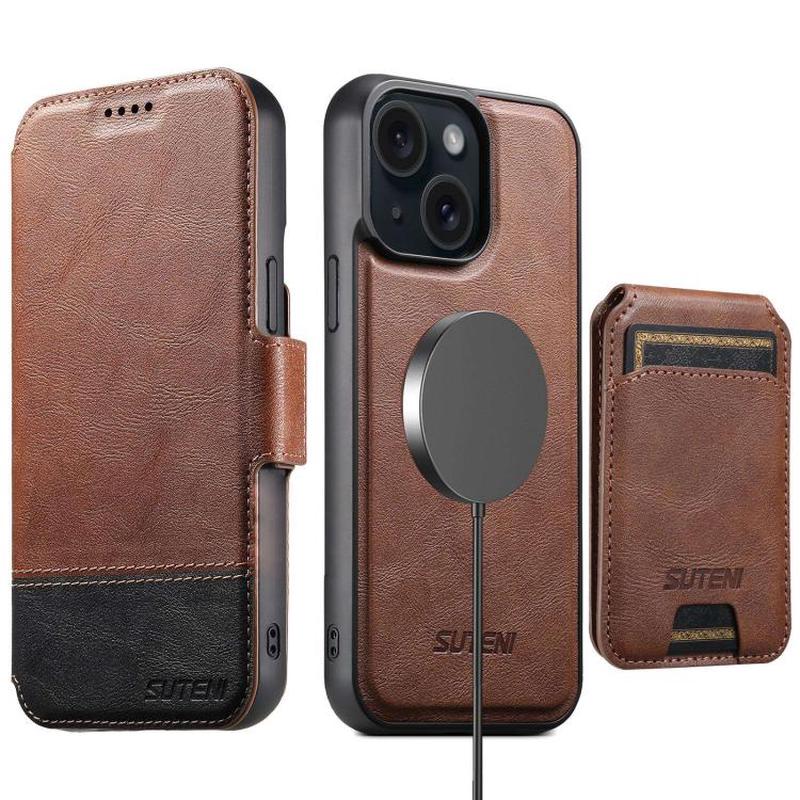 For iPhone 15 Suteni Q06S2 3-in-1 Detachable Vertical Flip Wallet MagSafe Splicing Leather Phone Case(Brown)