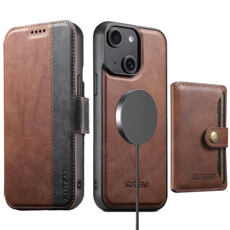 For iPhone 15 Suteni Q07S1 3-in-1 Detachable Wallet MagSafe Splicing Leather Phone Case(Brown)