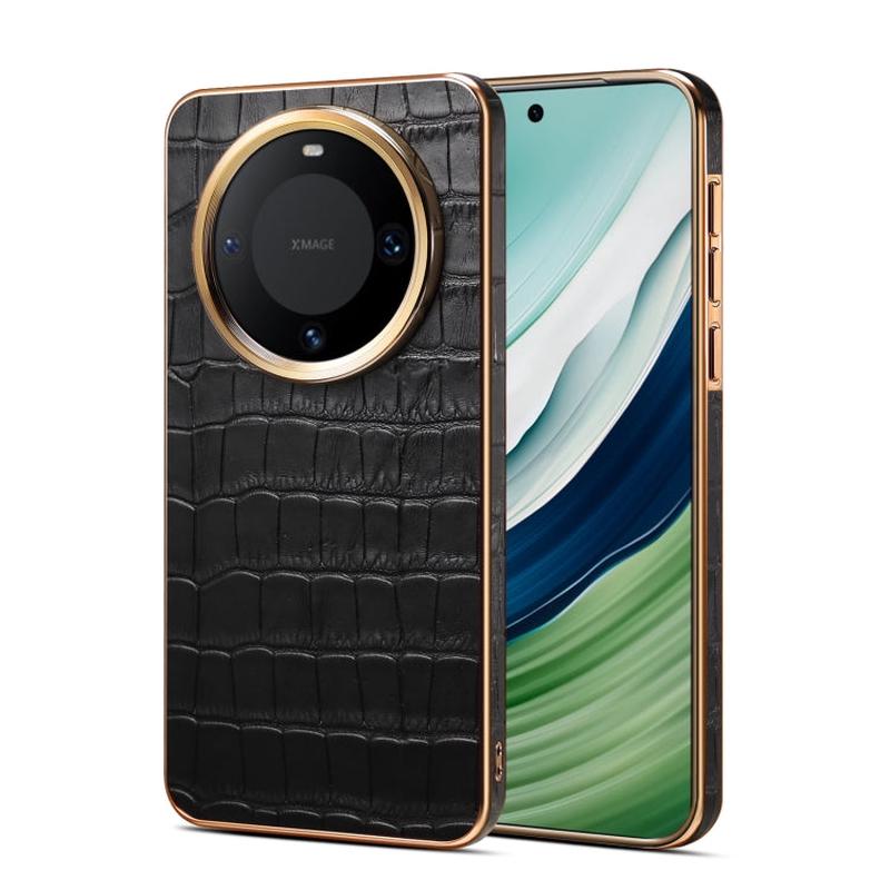 For Huawei Mate 60 Denior Crocodile Texture Genuine Leather Electroplating Phone Case(Black)