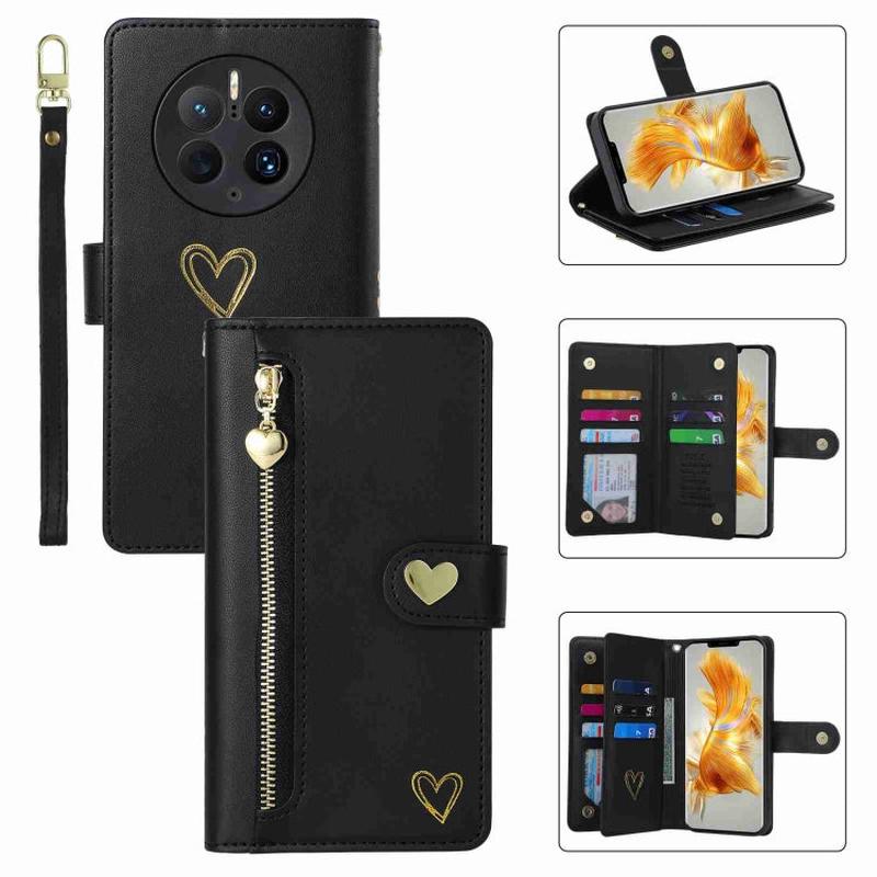 For Huawei Mate 50 Pro POLA Love Multi-Card Slots Zipper Wallet Leather Phone Case(Black)