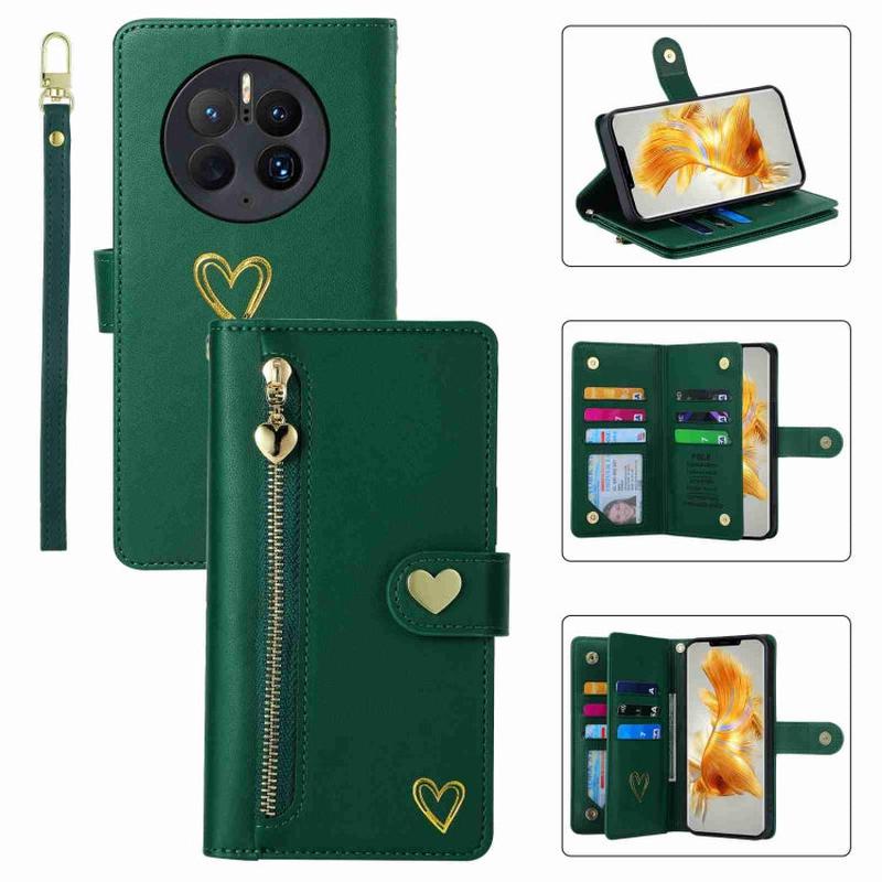For Huawei Mate 50 Pro POLA Love Multi-Card Slots Zipper Wallet Leather Phone Case(Dark Green)