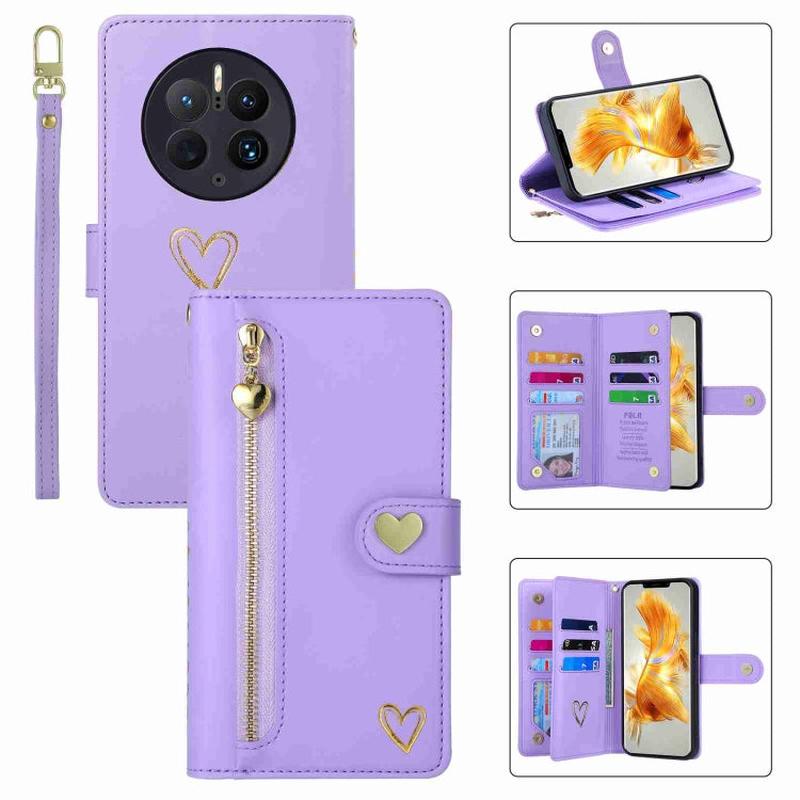For Huawei Mate 50 Pro POLA Love Multi-Card Slots Zipper Wallet Leather Phone Case(Purple)