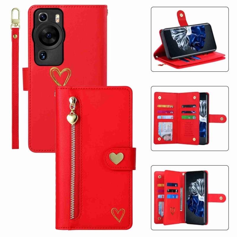For Huawei P60 Pro POLA Love Multi-Card Slots Zipper Wallet Leather Phone Case(Red)
