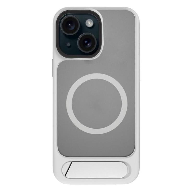 For iPhone 15 Kalebol MagSafe Invisible Tilt Holder PC Hybrid TPU Case(Grey White)