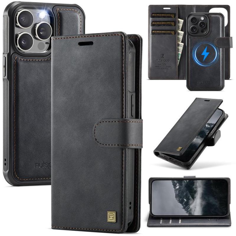 For iPhone 15 Pro AutSpace A05 2 in 1 Retro Calf Texture MagSafe Magnetic Phone Case(Black)