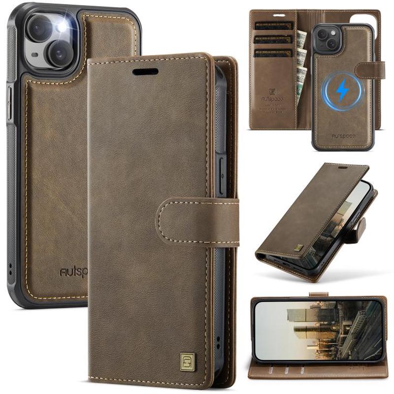 For iPhone 15 AutSpace A05 2 in 1 Retro Calf Texture MagSafe Magnetic Phone Case(Brown)