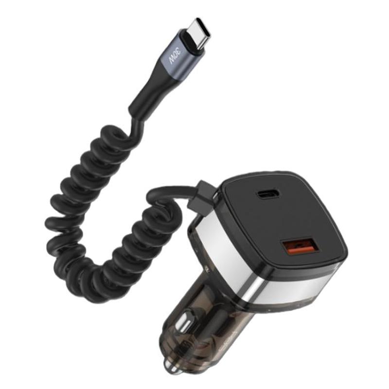 RBS CC21 90W USB-A and USB-C / Type-C Ports Car Charger with 1.2m Retractable Type-C Cable(Black)
