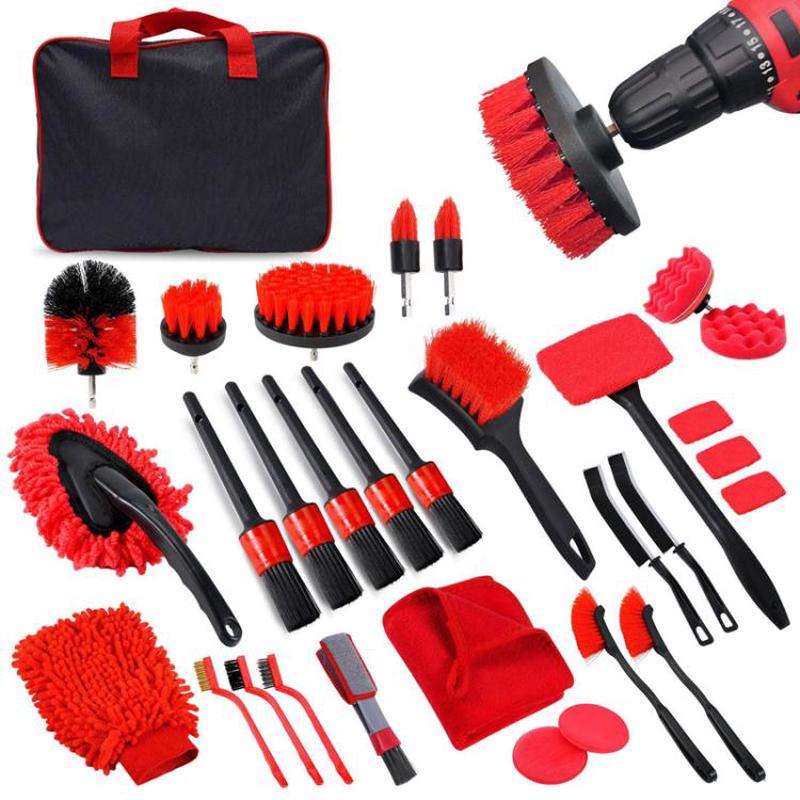 28pcs Car Cleaning Brush Set Power Drill Attachment For Vent Details Detail Brush With Sponge