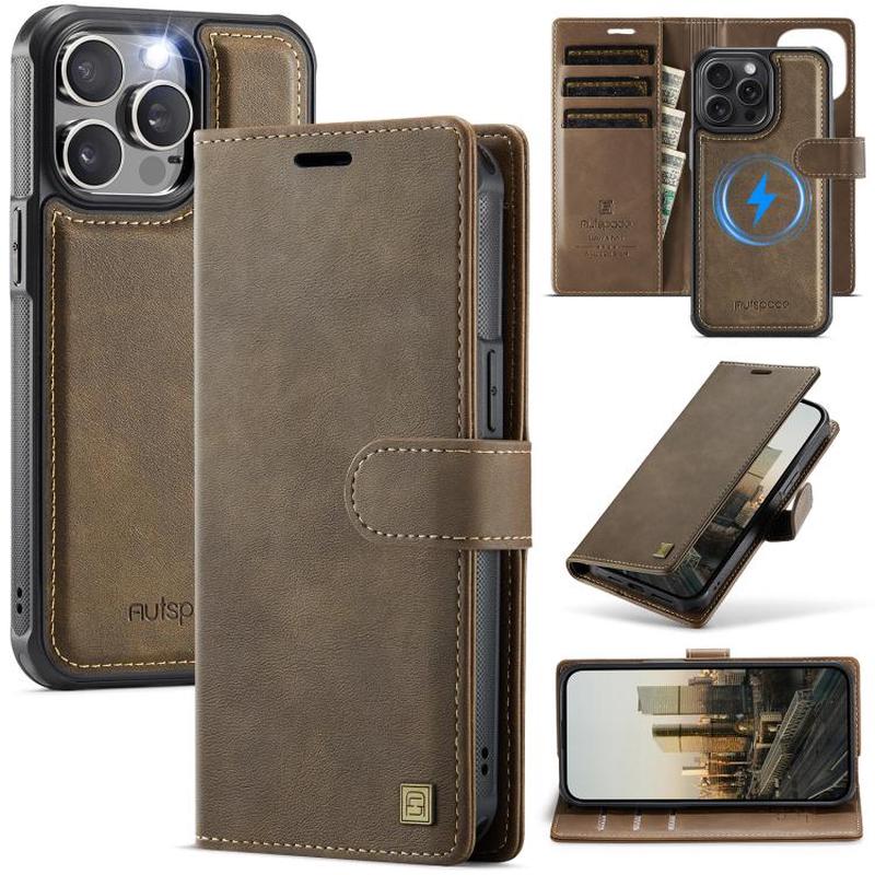For iPhone 15 Pro AutSpace A05 2 in 1 Retro Calf Texture MagSafe Magnetic Phone Case(Brown)