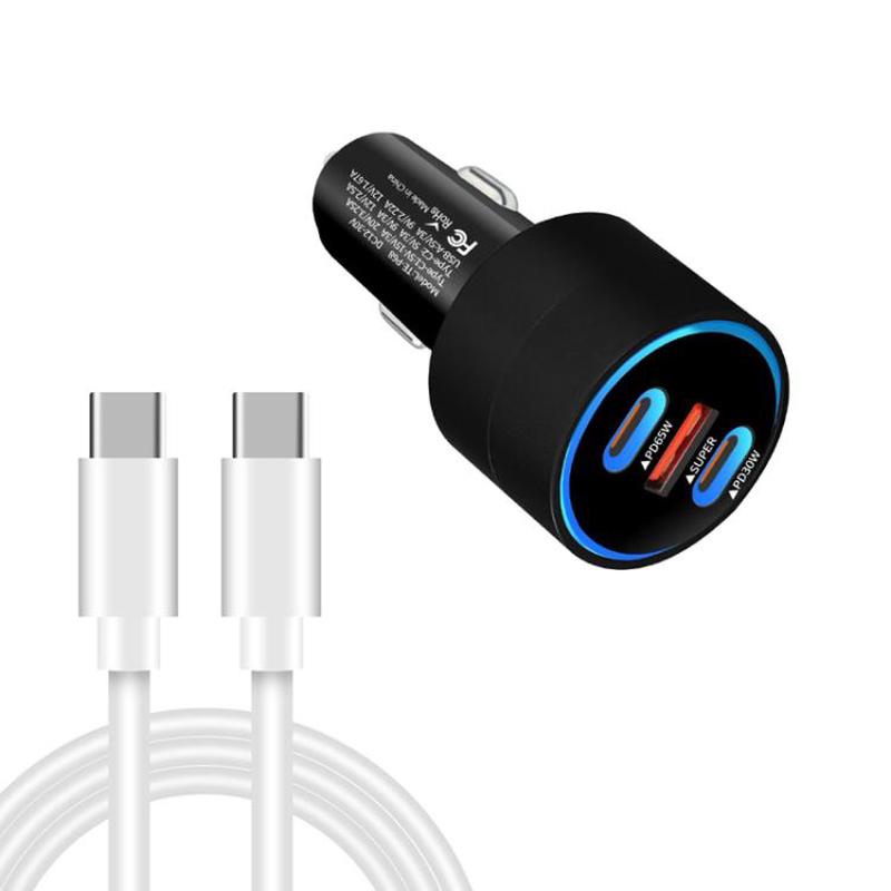 TE-P68 125W PD 65W Type-C x 2 + USB Notebook Car Charger with Type-C to Type-C Data Cable(Black)