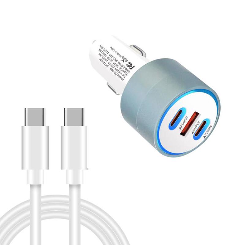 TE-P68 125W PD 65W Type-C x 2 + USB Notebook Car Charger with Type-C to Type-C Data Cable(White)