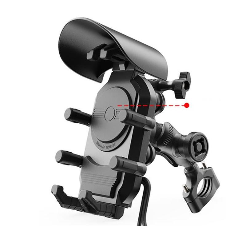 Wireless Charging Motorcycle Phone Holder with Sun Visor & Anti-Theft Lock 360-degree Rotation, Camera Compatible Handbar Version