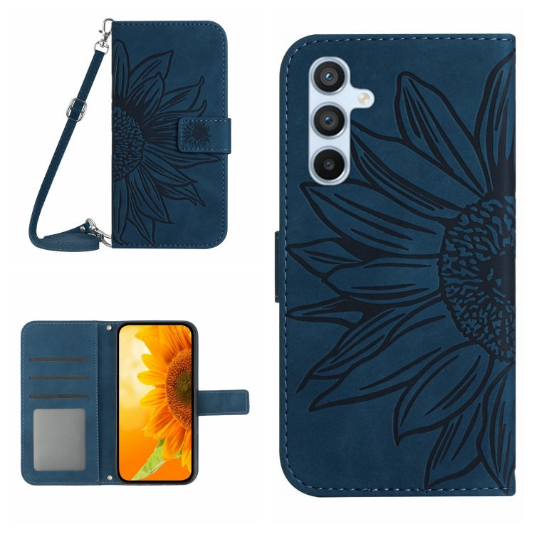 For Samsung Galaxy A55 5G Skin Feel Sun Flower Embossed Flip Leather Phone Case with Lanyard(Inky Blue)