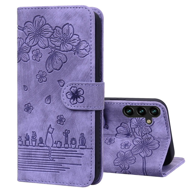 For Samsung Galaxy A15 Cartoon Sakura Cat Embossed Leather Phone Case(Purple)