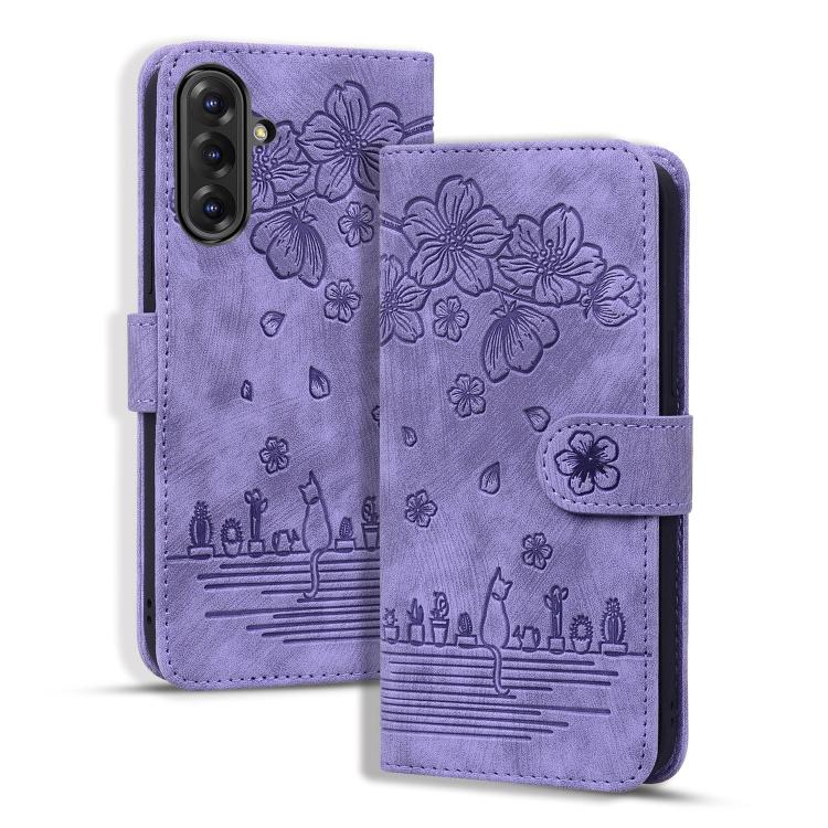 For Samsung Galaxy A56 / A36 Cartoon Sakura Cat Embossed Leather Phone Case(Purple)